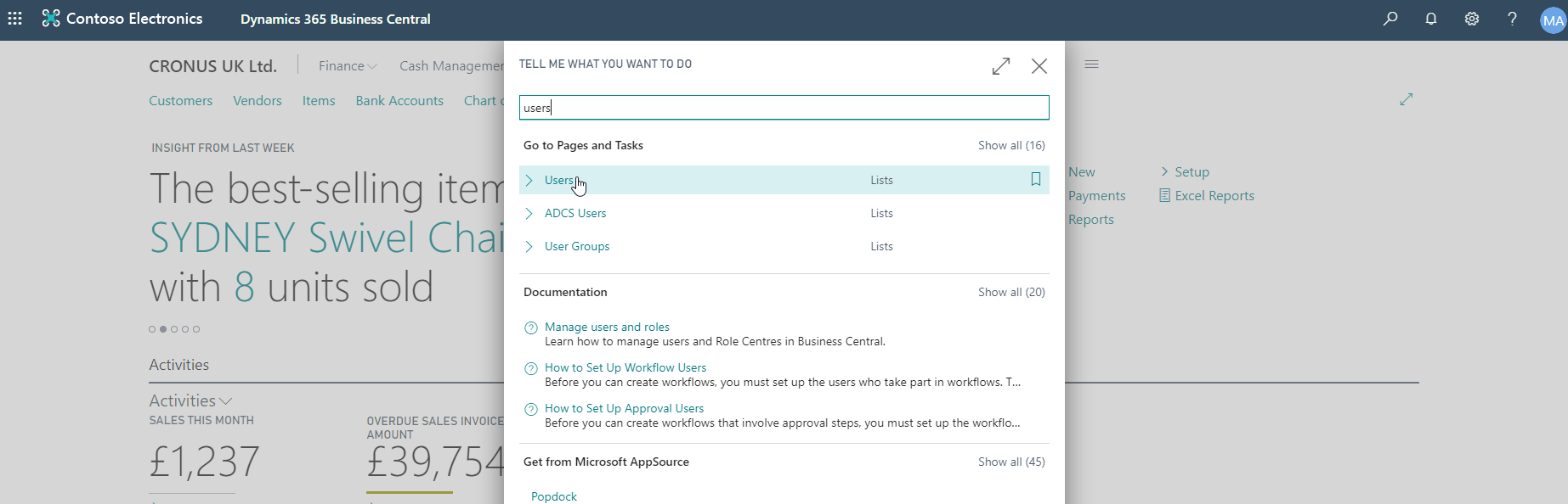 Find Business Central Users page